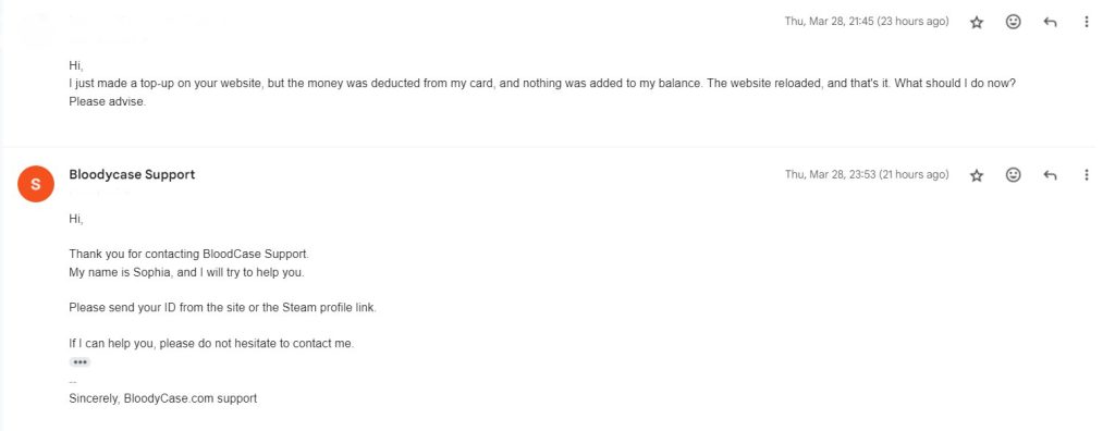 BloodyCase Support reply